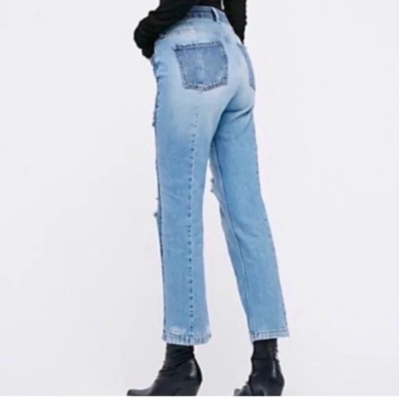Free People Patchwork Straight Two-Toned Jeans - Picture 3 of 4